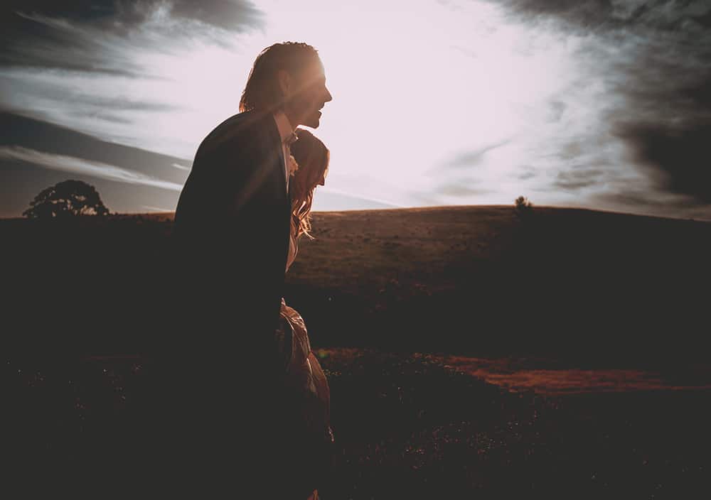 Country sunset of silhouetted Bride & Groom, Mansfield Wedding Victoria - Hacking Creative Wedding Photography
